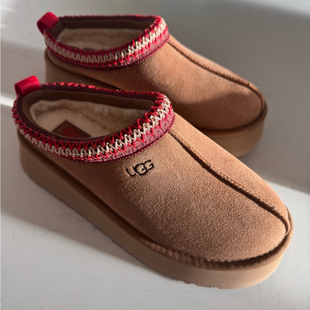 UGG Tazz Chestnut Suede Slippers with Red Trim